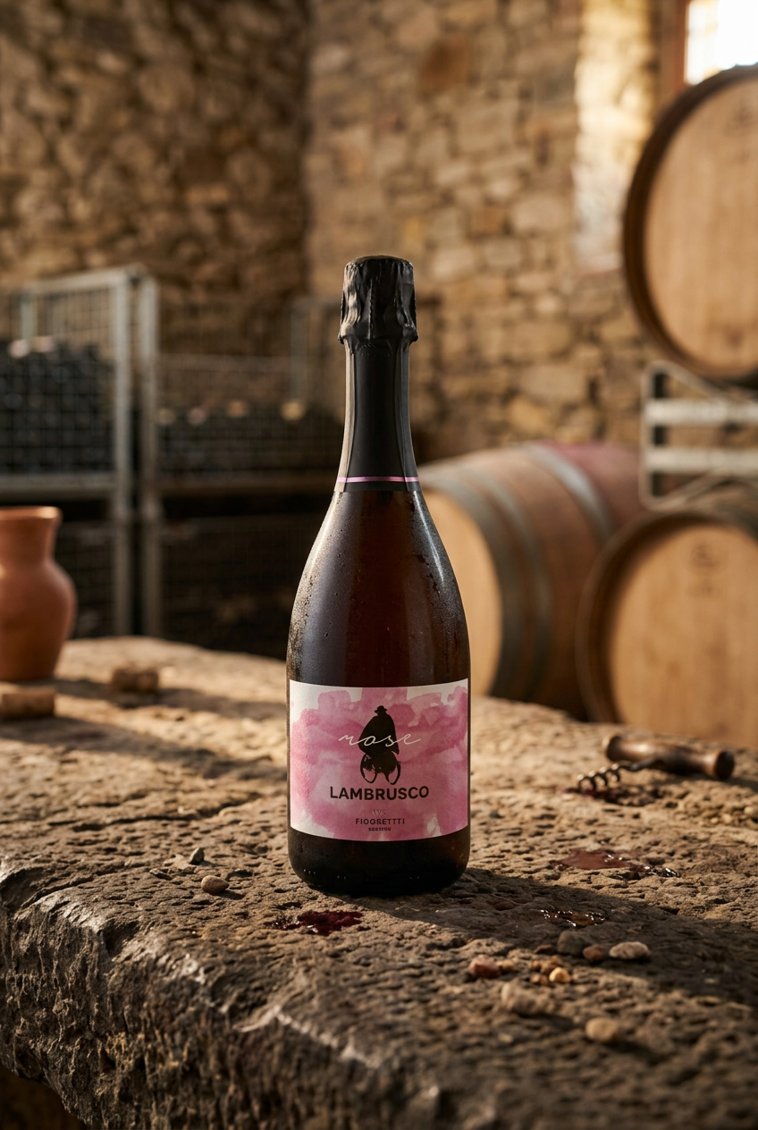 Lambrusco Rosé Spumante Brut in cantina su pietra