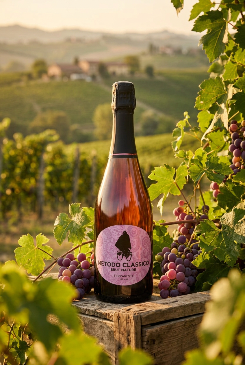 Lambrusco Rosé Metodo Classico 60 Mesi nel vigneto emiliano al tramonto