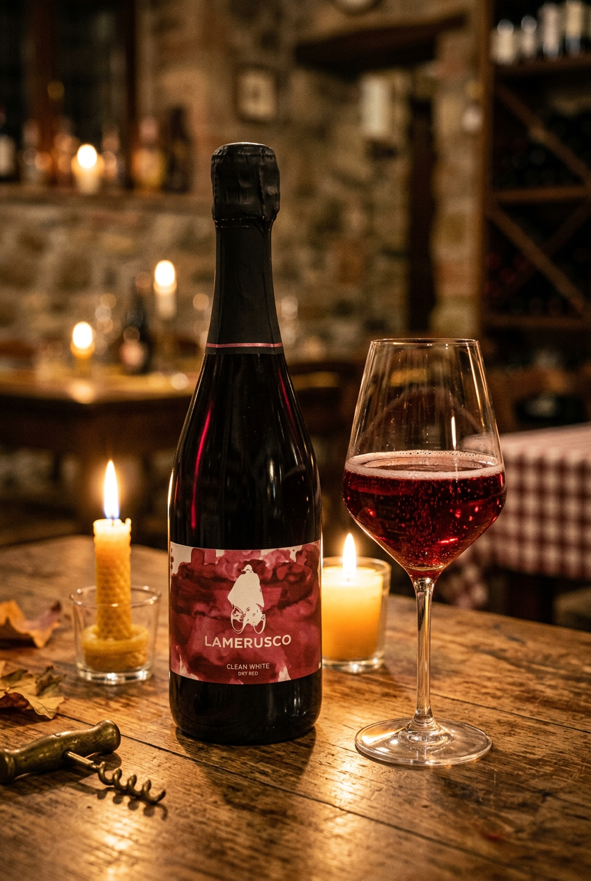 Lambrusco Rosso Spumante Brut in osteria emiliana con calice