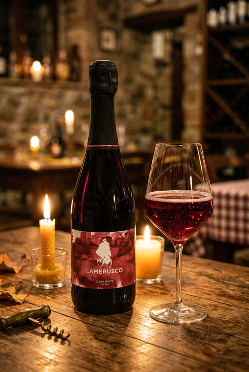 Lambrusco Rosso Spumante Brut in osteria emiliana con calice